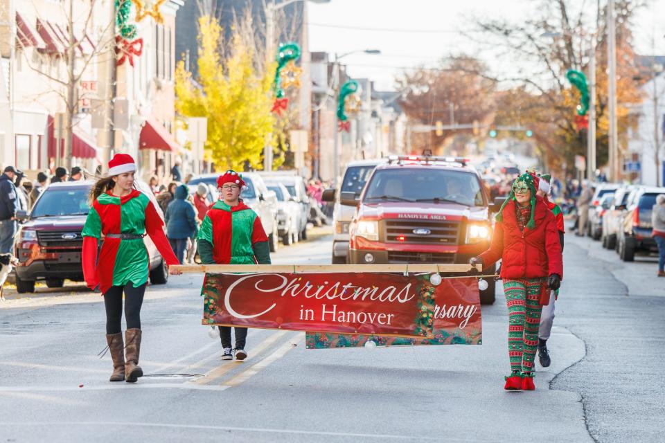 In a file photo, the "Christmas shrimp" are seen in the background of the 2021 Hanover Christmas Parade.