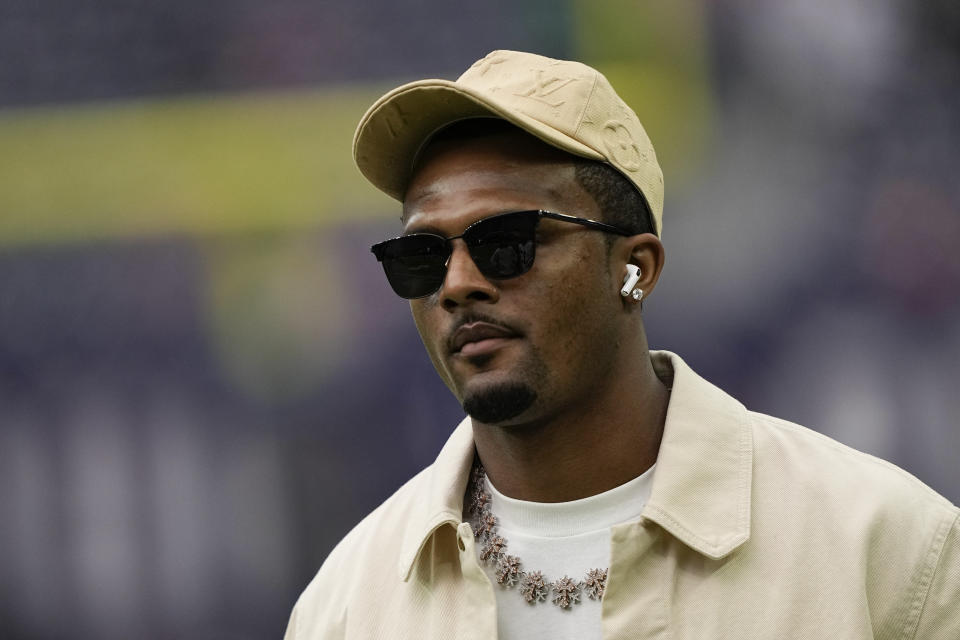 Cleveland Browns quarterback Deshaun Watson arrives for an NFL wild-card playoff football game between the Houston Texans and the Cleveland Browns Saturday, Jan. 13, 2024, in Houston. Houston beat Cleveland 45-14.(AP Photo/David J. Phillip)