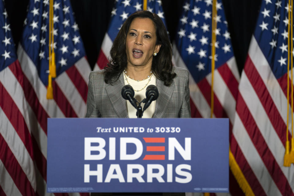 Sen. Kamala Harris, D-Calif., speaks during a news conference with Democratic presidential candidate former Vice President Joe Biden at the Hotel DuPont in Wilmington, Del., Thursday, Aug. 13, 2020. (AP Photo/Carolyn Kaster)