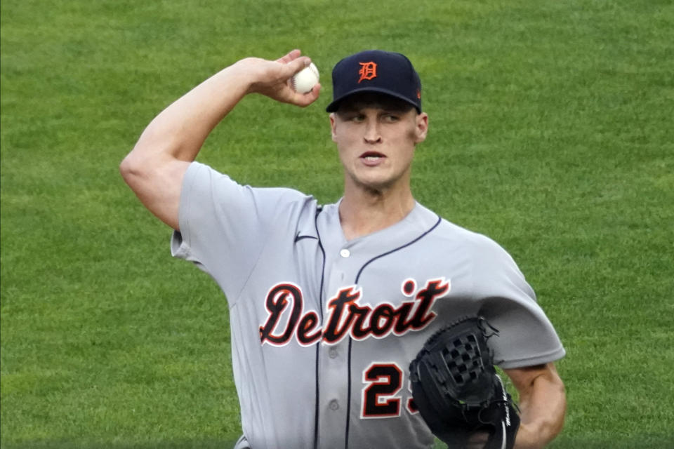 Detroit Tigers pitcher Matt Manning throws to a Minnesota Twins batter during the first inning of a baseball game Friday, July 9, 2021, in Minneapolis. (AP Photo/Jim Mone)