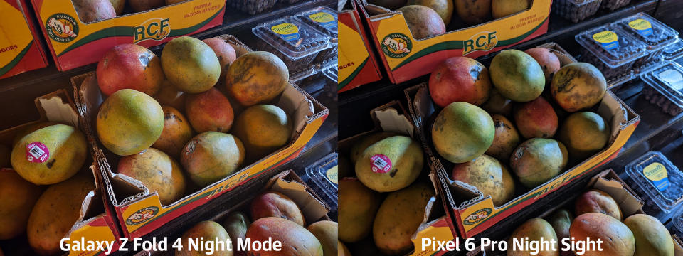 <p>The Galaxy Z Fold 4's pic shows a lot of detail on the skin of the mangoes, though it's white balance was a bit too warm. </p>
