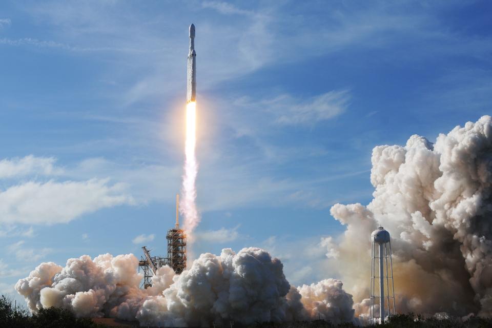 In its first full test flight, a SpaceX Falcon Heavy rocket launches from Pad 39A at the Kennedy Space Center in Florida, Feb. 6, 2018. (Photo: Jim Watson/AFP/Getty Images)