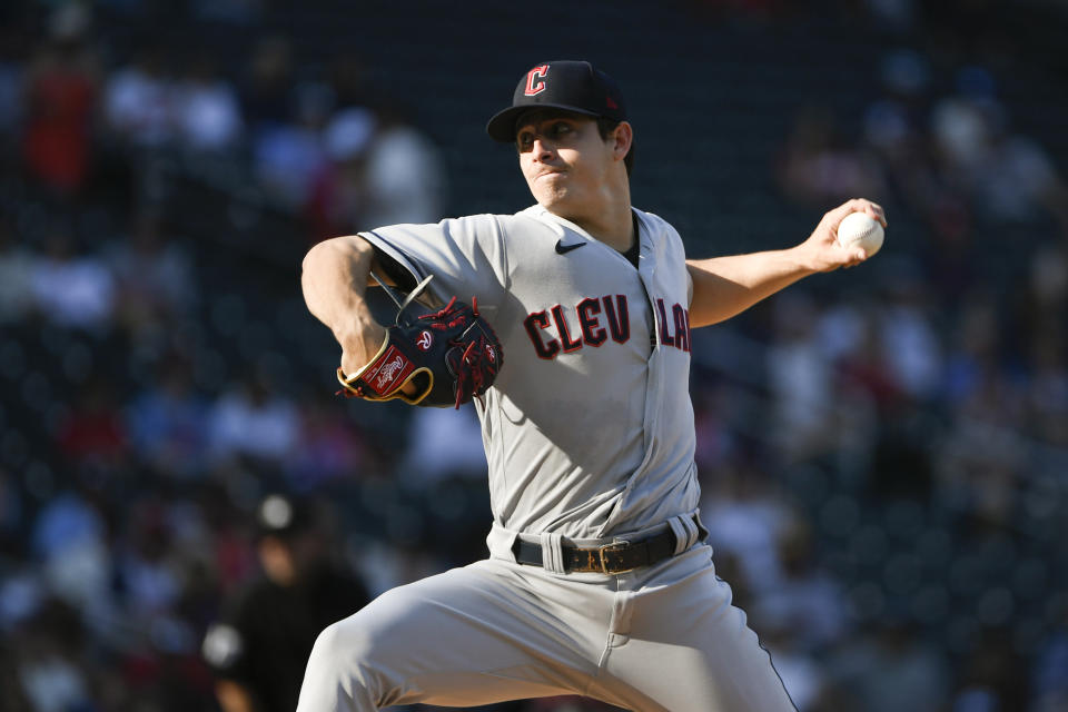 Cleveland Guardians pitcher Logan Allen throws against the Minnesota Twins during the first inning of a baseball game, Saturday, June 3, 2023, in Minneapolis. (AP Photo/Craig Lassig)