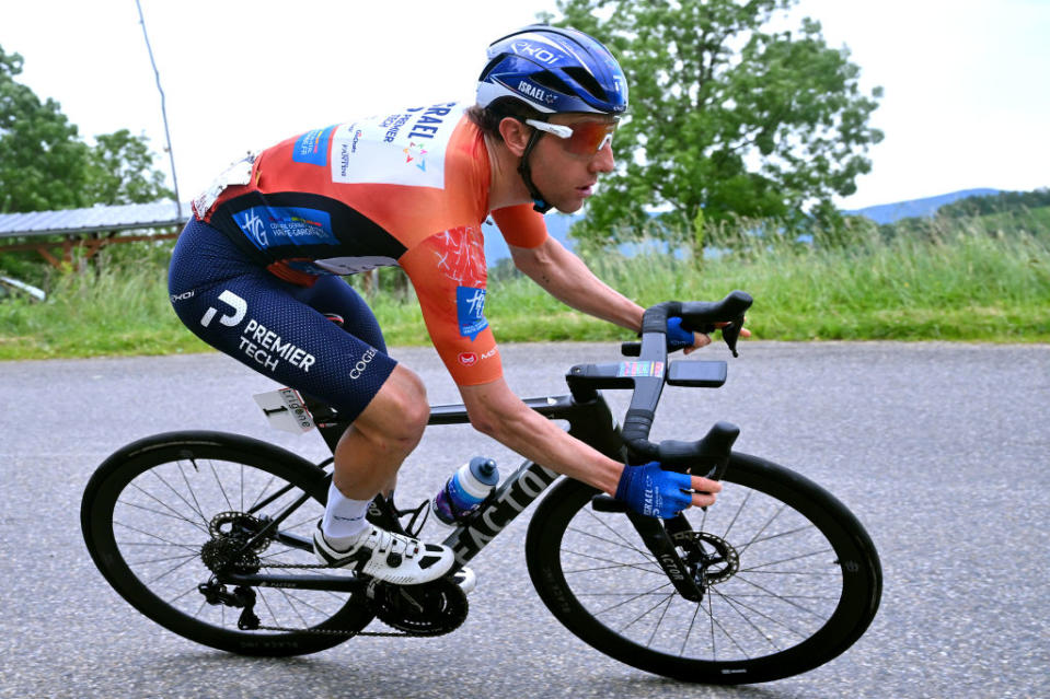 SAINTGIRONS FRANCE  JUNE 18 Michael Woods of Canada and Team Israel  Premier Tech  Red Leader Jersey competes during the 47th La Route DOccitanieLa Depeche Du Midi 2023 Stage 4 a 1647km stage from SaintGaudens to SaintGirons on June 18 2023 in SaintGirons France Photo by Luc ClaessenGetty Images