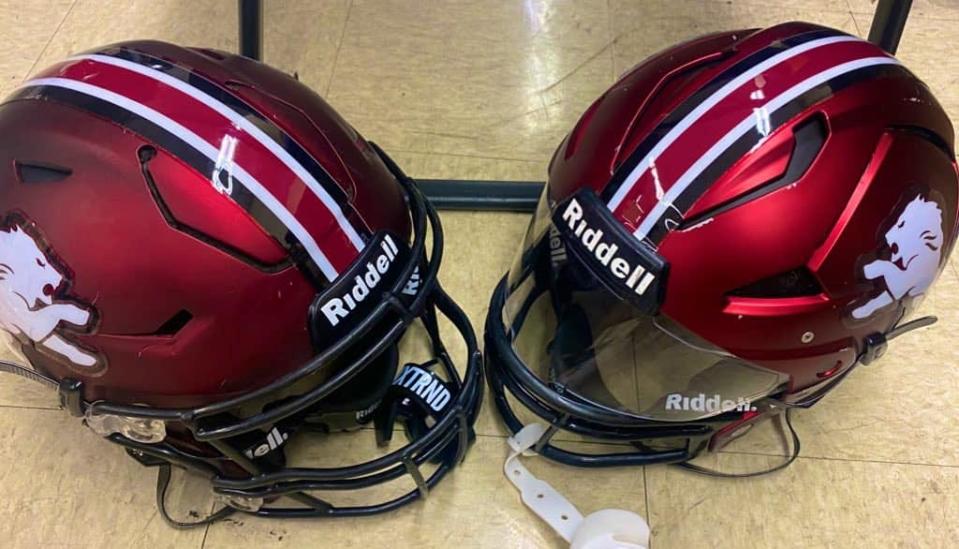 The football helmets for the 2023 Peoria High Lions.