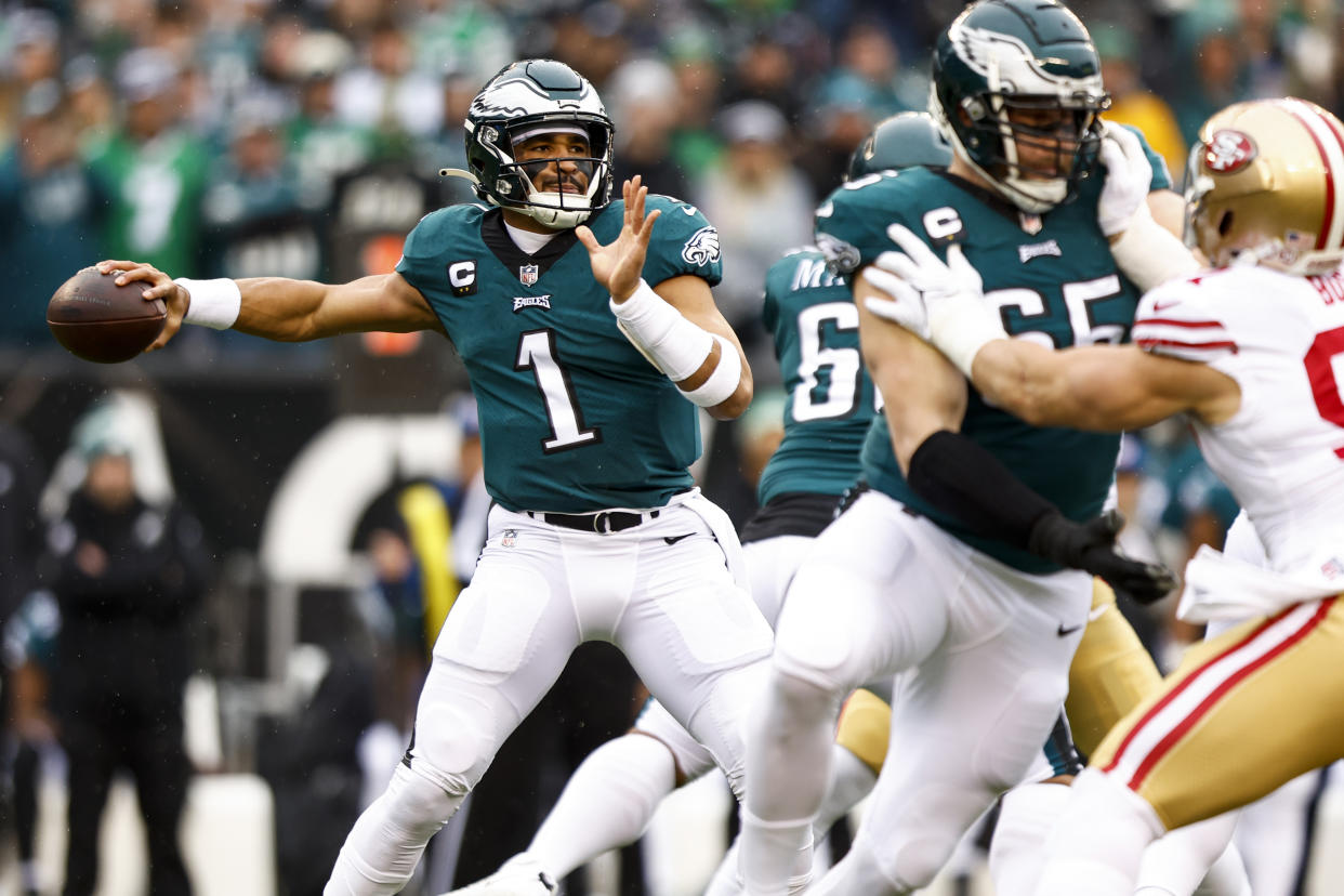 Jalen Hurts and the Philadelphia Eagles advanced to the Super Bowl with a win over the 49ers. (Photo by Kevin Sabitus/Getty Images)