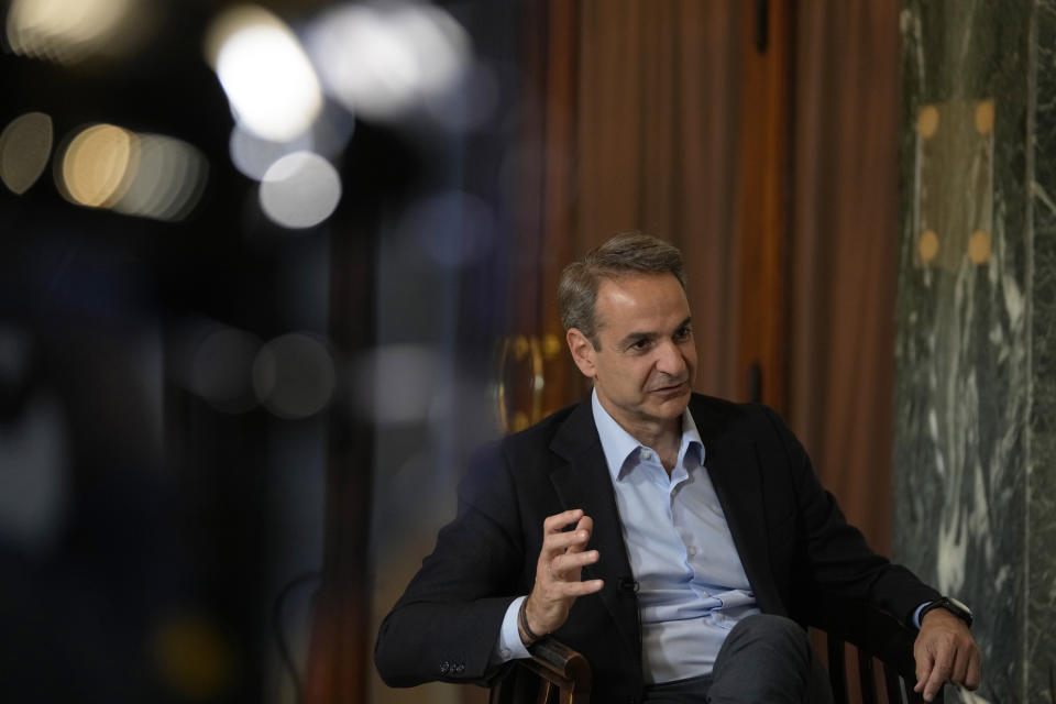 Greece's Prime Minister and New Democracy leader Kyriakos Mitsotakis speaks during an interview with The Associated Press, in Volos, central Greece, Thursday, May 11, 2023. (AP Photo/Thanassis Stavrakis)