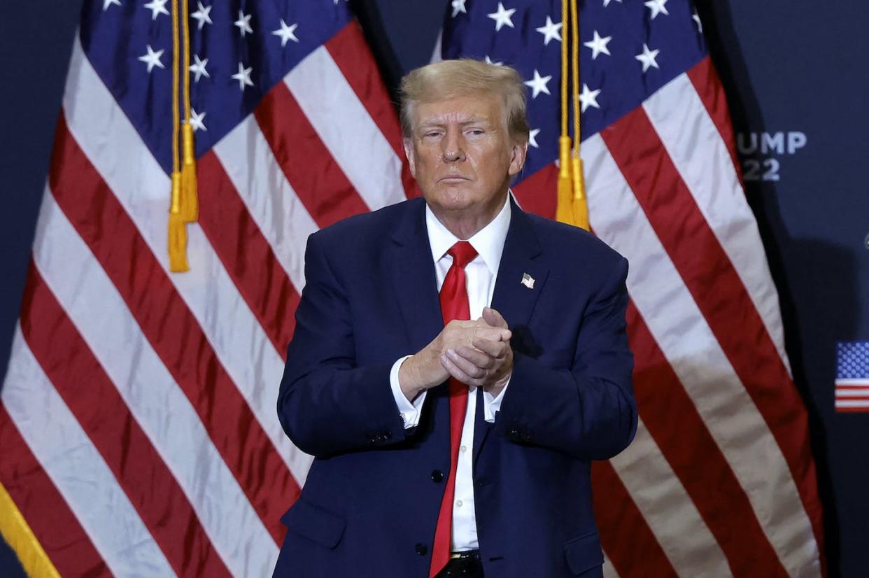 Donald Trump at a campaign event in Waterloo, Iowa, on Dec. 19, 2023. <a href="https://www.gettyimages.com/detail/news-photo/former-us-president-and-2024-presidential-hopeful-donald-news-photo/1860797047?adppopup=true" rel="nofollow noopener" target="_blank" data-ylk="slk:Kamil Krzaczysnki/AFP via Getty Images;elm:context_link;itc:0;sec:content-canvas" class="link ">Kamil Krzaczysnki/AFP via Getty Images</a>