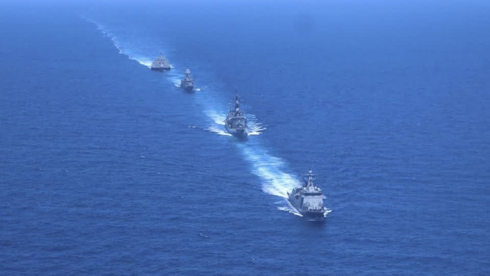 Philippine Navy ship BRP Antonio Luna, Royal Australian Navy ship HMAS Warramunga, Japan Maritime Self-Defense Forces ship JS Akebono and US Navy ship USS Mobile (LCD-26) during the first Multilateral Maritime Cooperative Activity in the disputed South China Sea on April 7, 2024. - Armed Forces of the Philippines/Handout/AP