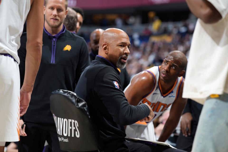 Phoenix Suns head coach Monty Williams talks to his players during a timeout in the first half of Game 2 of an NBA second-round playoff series against the Denver Nuggets, Monday, May 1, 2023, in Denver.