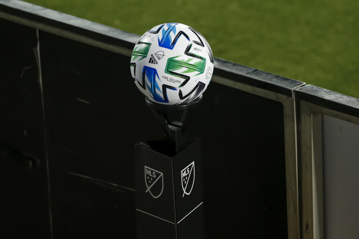 FRISCO, TX - AUGUST 16: An official MLS soccer ball waits on a stand during the game between the FC Dallas and the Nashville SC on August 16, 2020 at Toyota Stadium in Frisco, Texas. (Photo by Matthew Pearce/Icon Sportswire via Getty Images)