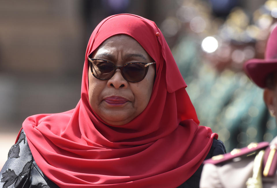 Tanzanian President Samia Suluhu Hassan inspects a guard of honour at a welcoming ceremony in Pretoria, South Africa, Thursday, March 16, 2023. Hassan, on a state visit to the country has urged more security cooperation and trade between the two countries.(AP Photo/Frans Sello waga Machate)