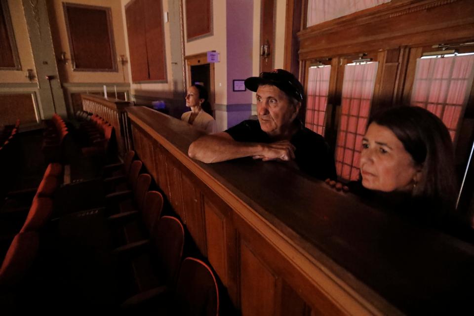 Pete Souza, Dartmouth native and famed Chief Official White House Photographer for President Obama, tours The Zeiterion Performing Arts Center with Executive Director Rosemary Gill, right.