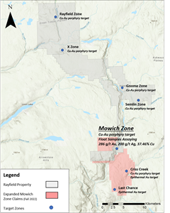 Location of all target zones outlined on the Rayfield Property. Also outlined are the high-grade copper-gold assay values obtained from the Mowich zone. Claims have been expanded around Mowich to cover interpreted structures and geophysical magnetic anomalies.