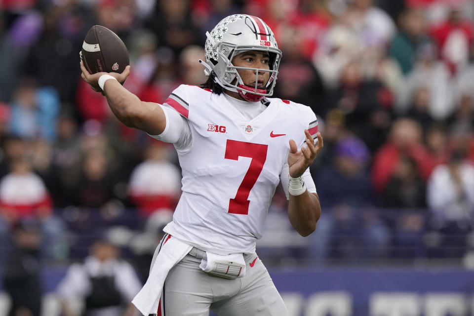 Ohio State quarterback C.J. Stroud throws a pass during the first half of an NCAA college football game against Northwestern, Saturday, Nov. 5, 2022, in Evanston, Ill. (AP Photo/Nam Y. Huh)