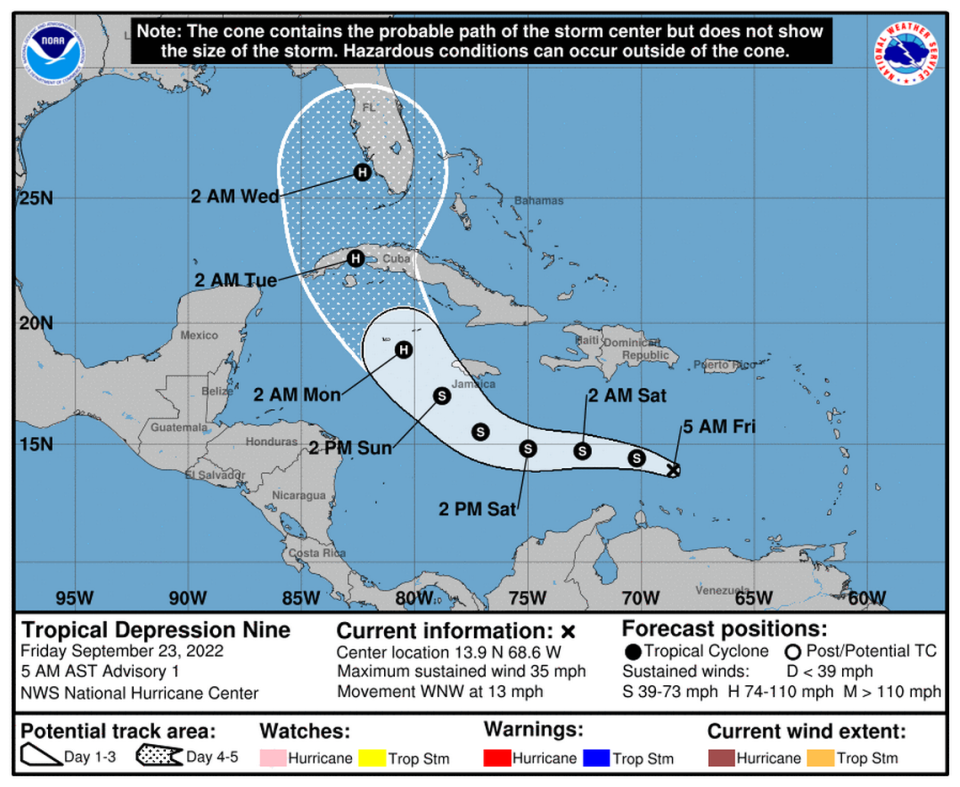 The track of Tropical Depression 9 is expected to take the storm to Southwest Florida, possibly making landfall early Wednesday morning.