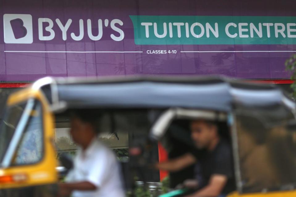 Signage at a Byju's Tuition Center, operated by Think & Learn Pvt., in Mumbai, India, on Friday, Feb. 2, 2024. A unit of Byju's, once one of India's hottest tech startups, was put into bankruptcy in the US by a court-appointed agent who took over the shell company after it defaulted on $1.2 billion in debt. Photographer: Dhiraj Singh/Bloomberg via Getty Images