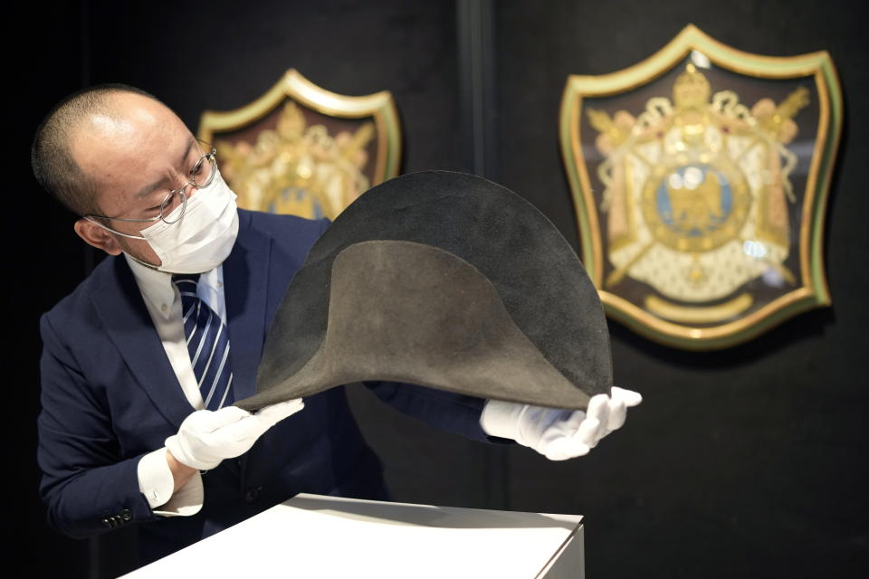 A bicorne winter campaign hat which belonged to late French Emperor Napoleon Bonaparte is displayed ahead of an auction at Bonhams in Hong Kong, China, September 3, 2021. Picture taken September 3, 2021. REUTERS/Tyrone Siu