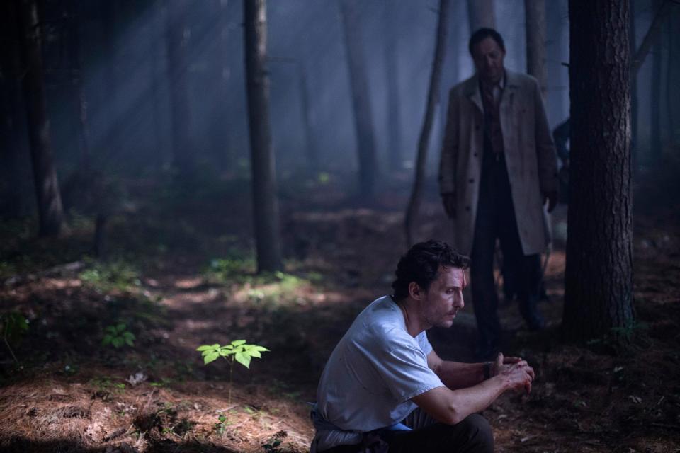 Matthew McConaughey (foreground) and Ken Watanabe play haunted men in need of self-reflection in "The Sea of Trees."