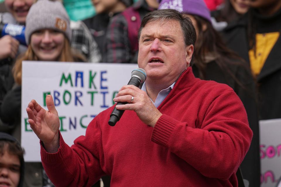 Indiana Attorney General Todd Rokita speaks at the Indiana March for Life anti-abortion demonstration on Monday, Jan. 23, 2023, in Indianapolis. The march began on Georgia Street, passed Monument Circle and ended at the Statehouse. 