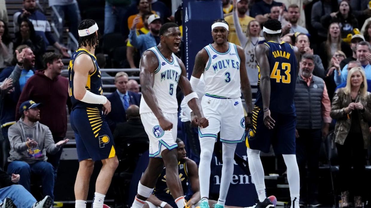 <div>Anthony Edwards #5 of the Minnesota Timberwolves celebrates after beating the Indiana Pacers 113-111 at Gainbridge Fieldhouse on March 07, 2024 in Indianapolis, Indiana.</div> <strong>((Photo by Dylan Buell/Getty Images))</strong>