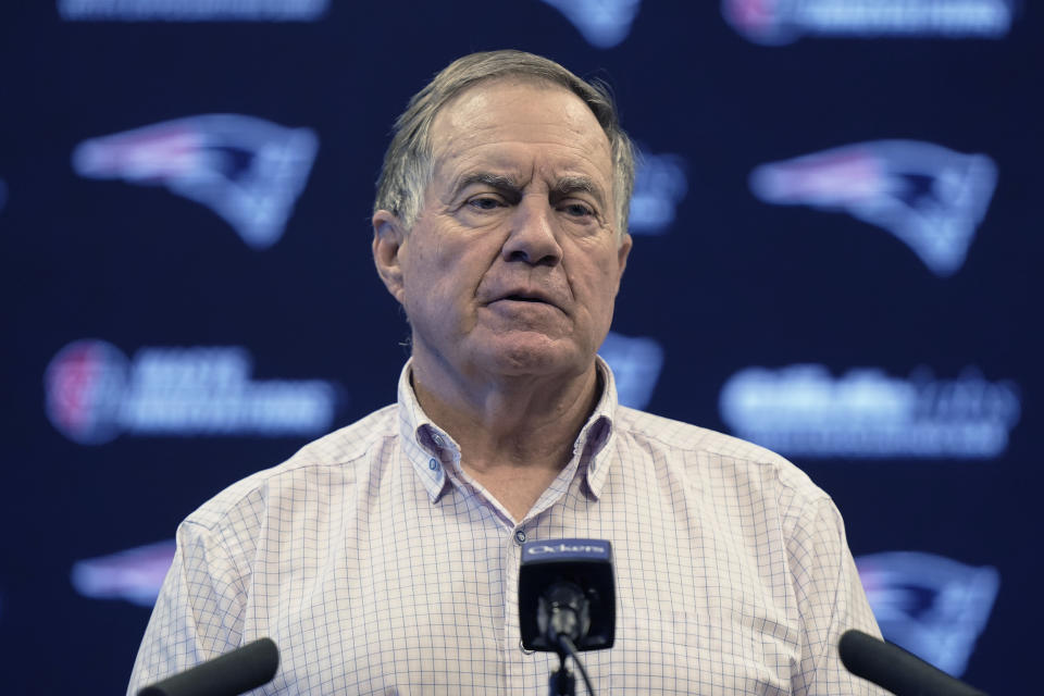 New England Patriots head coach Bill Belichick talks to reporters during a news conference before an NFL football practice, Wednesday, Nov. 8, 2023, in Foxborough, Mass. (AP Photo/Steven Senne)