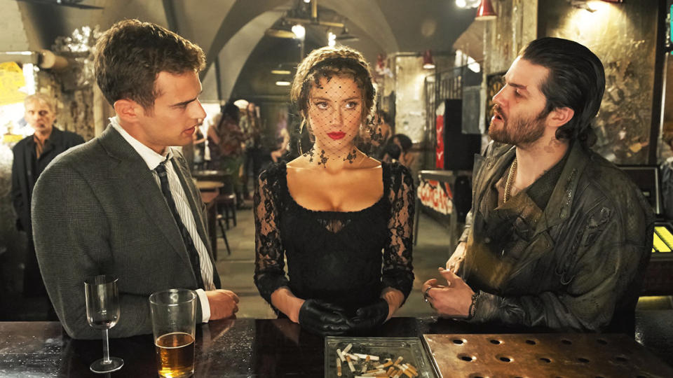 Theo James, Amber Heard and Jim Sturgess in a scene from London Fields