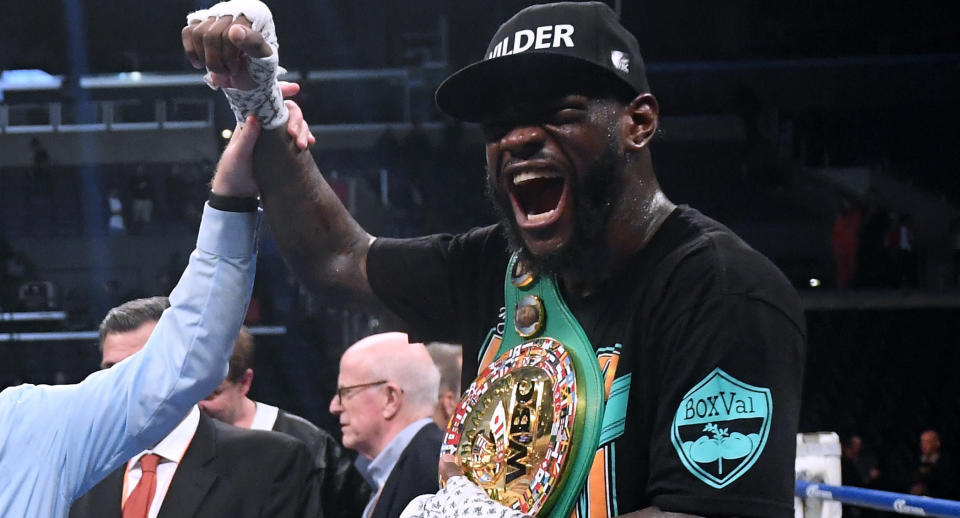 Deontay Wilder celebrates after defeating Tyson Fury on Dec. 1. in Los Angeles. (Getty Images)