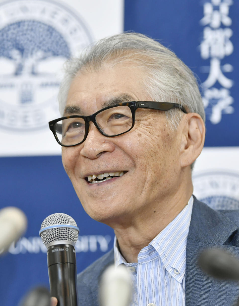 Tasuku Honjo of Kyoto University speaks during a press conference in Kyoto, western Japan after he was awarded the Nobel Prize in medicine Monday, Oct. 1, 2018. (Nobuki Ito/Kyodo News via AP)