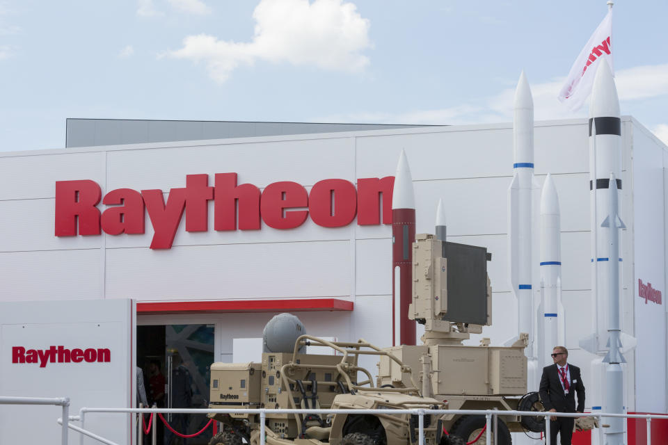 The Raytheon exhibit at the Farnborough Airshow, on 16th July 2018, in Farnborough, England. (Photo by Richard Baker / In Pictures via Getty Images)