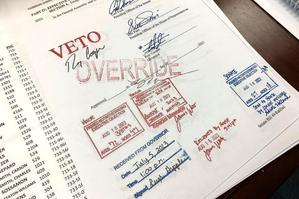 An override stamp is seen on legislation limiting LGBTQ+ classroom instruction in the early grades, after North Carolina state lawmakers override Democratic Gov. Roy Cooper's veto, Wednesday, Aug. 16, 2023, in Raleigh, N.C. The Republican-led General Assembly overrode the governor’s vetoes of the legislation and other bills touching on gender in sports and gender-affirming medical treatments.