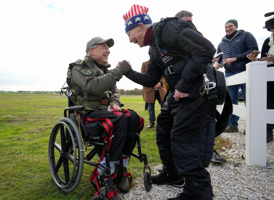 Gov. Greg Abbott, celebrating a skydive with 106-year-old Al Blaschke, has turned his attention to defeating school voucher opponents in the Republican Party.