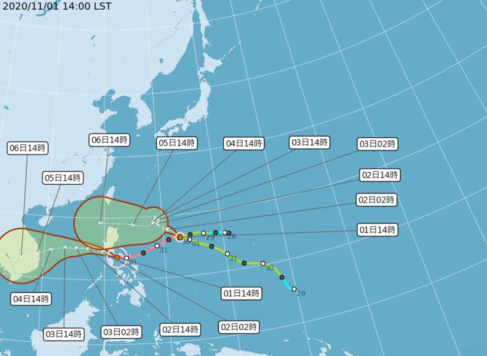 明天桃園以北短暫雨 颱風閃電4日前打轉滯留。（氣象局提供）