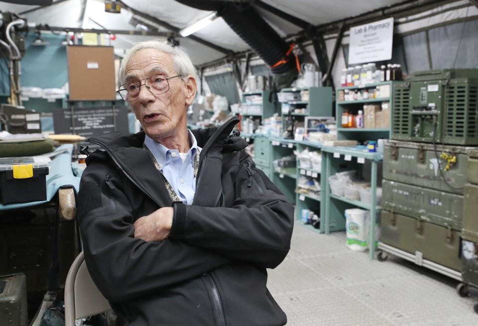Ted Mathies, 75, talks about his experiences at a combat medic for the U.S. Army in the Vietnam War. His personal collection of military medical equipment is on display in the Medic’s Corner at MAPS Air Museum in Green.
