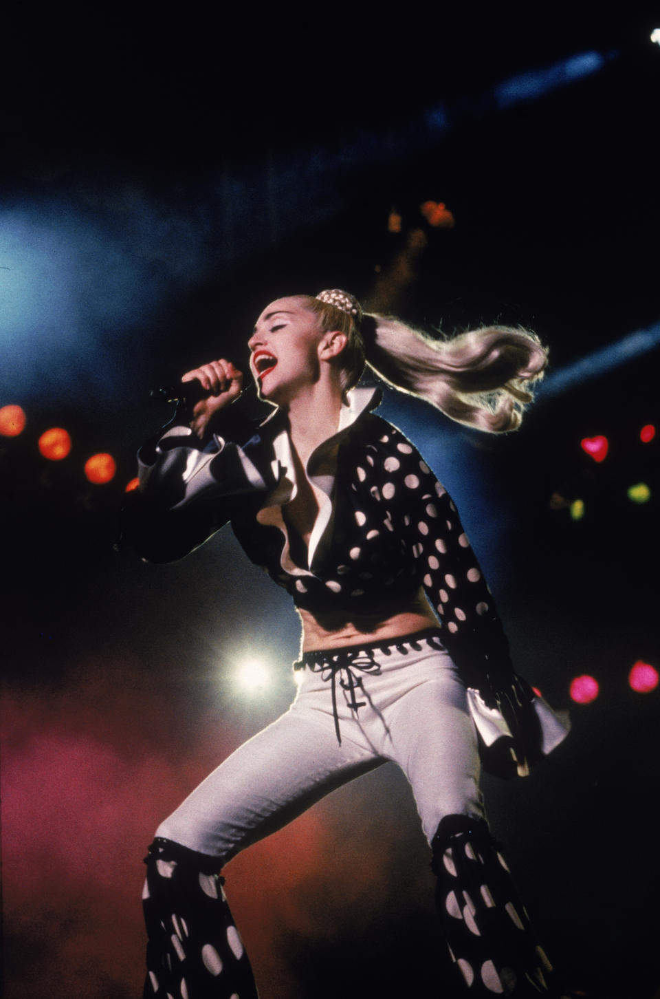  Madonna performs on stage in Kobe, Japan, April 1990. (Getty Images)