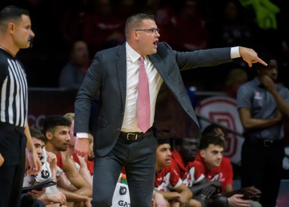 Bradley head coach Brian Wardle directs his team against Stonehill in the first half Monday, Dec. 19, 2022 at Carver Arena. The Braves decimated the Skyhawks 79-50.