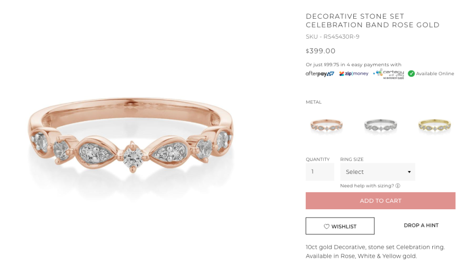 The ring resembles the Secrets Shhh <a href="https://www.secrets-shhh.com/collections/wedding-bands/products/decorative-stone-set-celebration-band-rose-gold" rel="nofollow noopener" target="_blank" data-ylk="slk:‘Decorate Stone Set Celebration Band’;elm:context_link;itc:0;sec:content-canvas" class="link ">‘Decorate Stone Set Celebration Band’</a> in rose gold. Photo: Secrets Shhh