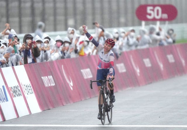 Great Britain’s Dame Sarah Storey celebrates winning the gold medal in the women’s C4-5 road race at the Fuji International Speedway during day nine of the Tokyo 2020 Paralympic Games in Japan 