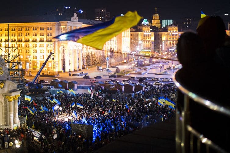 <span class="caption">Euromaidan protests in Kyiv, November 2013.</span> <span class="attribution"><a class="link " href="https://upload.wikimedia.org/wikipedia/commons/c/ce/Euromaidan_03.JPG" rel="nofollow noopener" target="_blank" data-ylk="slk:Evgeny Feldman via Wikimedia Commons;elm:context_link;itc:0;sec:content-canvas">Evgeny Feldman via Wikimedia Commons</a>, <a class="link " href="http://creativecommons.org/licenses/by-sa/4.0/" rel="nofollow noopener" target="_blank" data-ylk="slk:CC BY-SA;elm:context_link;itc:0;sec:content-canvas">CC BY-SA</a></span>