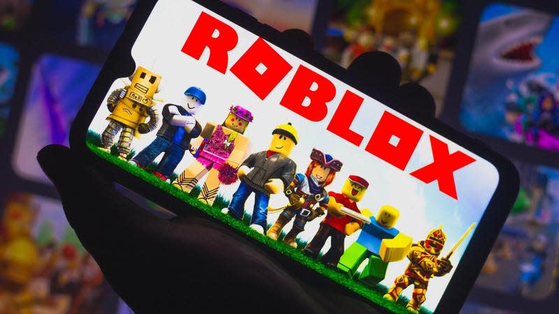 A smartphone displays the Roblox title and Lego-looking characters. 