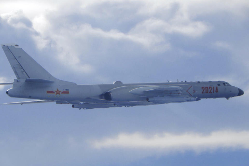 Image: A Chinese People's Liberation Army H-6 bomber fitted with the YJ-12 anti-ship cruise missile flies near the Taiwan air defense identification zone near Taiwan on Sept. 18, 2020. (Taiwan Ministry of National Defense / via AP)