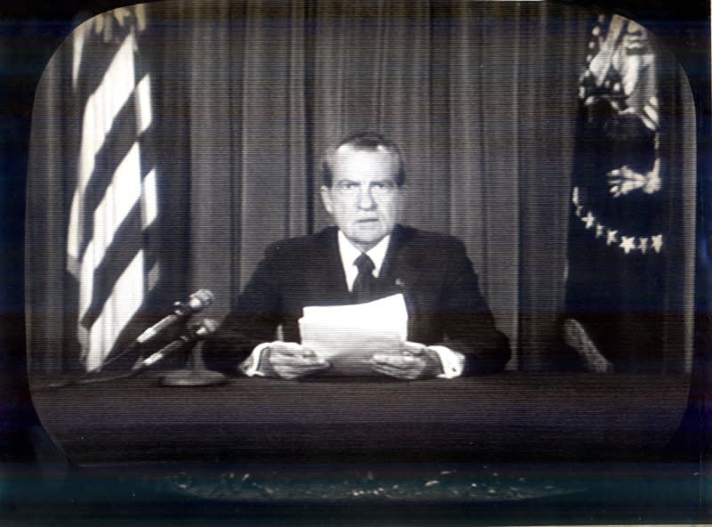 President Richard Nixon resigns from the office of the president August 8, 1974, following his role in the Watergate scandal. Photo courtesy CBS
