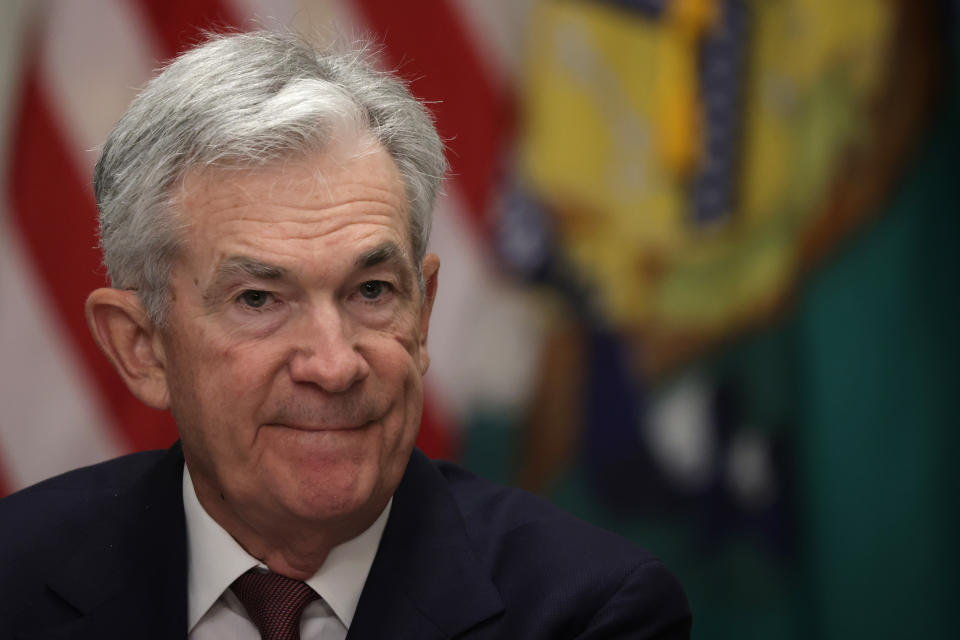 WASHINGTON, DC - APRIL 21: Federal Reserve Board Chairman Jerome Powell listens during an open session of a Financial Stability Oversight Council meeting at the Department of the Treasury on April 21, 2023 in Washington, DC. The FSOC proposed on Friday a new guidance to revise how non-bank financial institutions are designated. (Photo by Alex Wong/Getty Images)