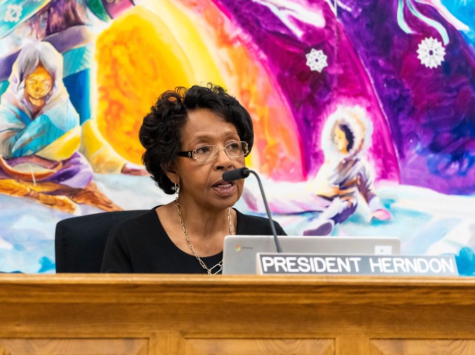 Marva Herndon, Milwaukee Board of School Directors president, makes remarks in support of a referendum to raise taxes for more school funding, on Thursday at the MPS Central Services Building in Milwaukee.