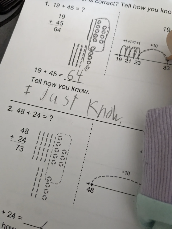 Child's math worksheet with handwritten answer: "I just know" in response to "Tell how you know."