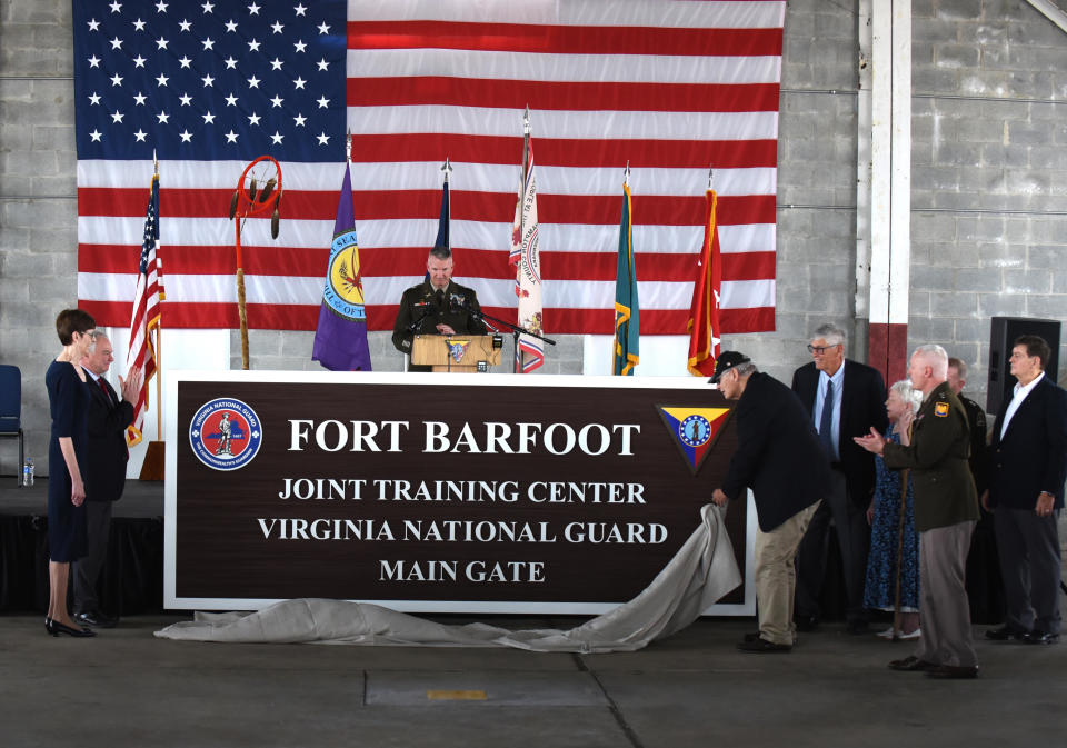 The Virginia National Guard's Fort Pickett is officially redesignated Fort Barfoot, in honor of Col. Van T. Barfoot, a World War II Medal of Honor recipient with extensive Virginia ties, during a ceremony on March 24, 2023, at the Blackstone Army Airfield near Blackstone, Virginia.   / Credit: U.S. National Guard/Mike Vrabel