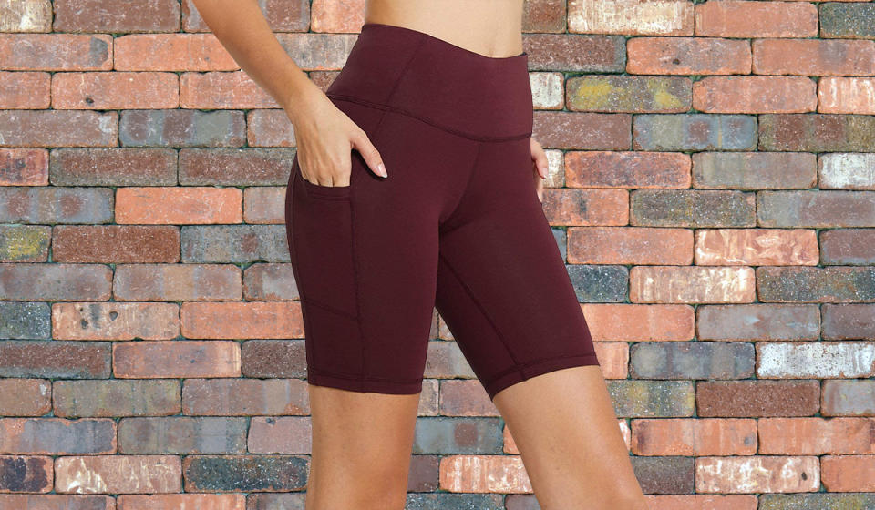 Maroon bike short with pockets.