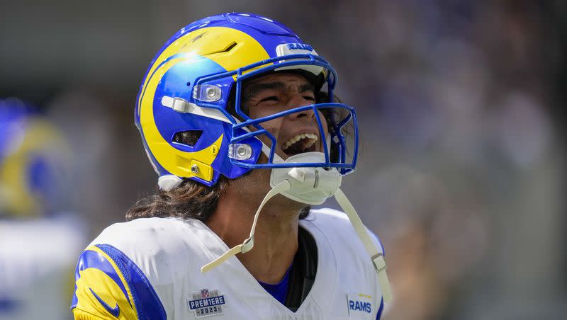 Los Angeles Rams wide receiver Puka Nacua celebrates after a catch against the Seattle Seahawks during the first half of an NFL football game Sunday, Sept. 10, 2023, in Seattle. 