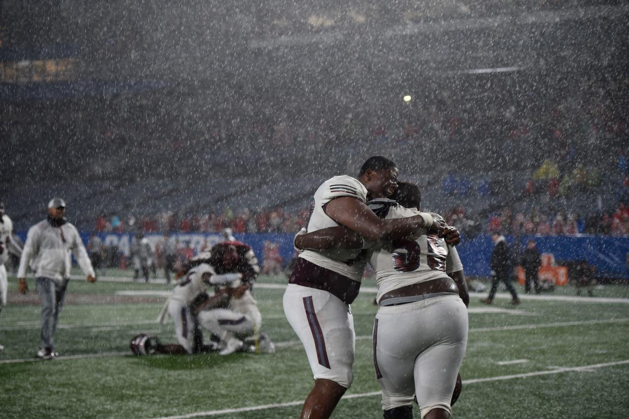 Benedictine celebrates after the Benedictine and Cedartown GHSA 4A state championship football game at Center Parc Stadium in Atlanta, Ga., on Friday, Dec. 9, 2022. Benedictine defeated Cedartown 14-13. 