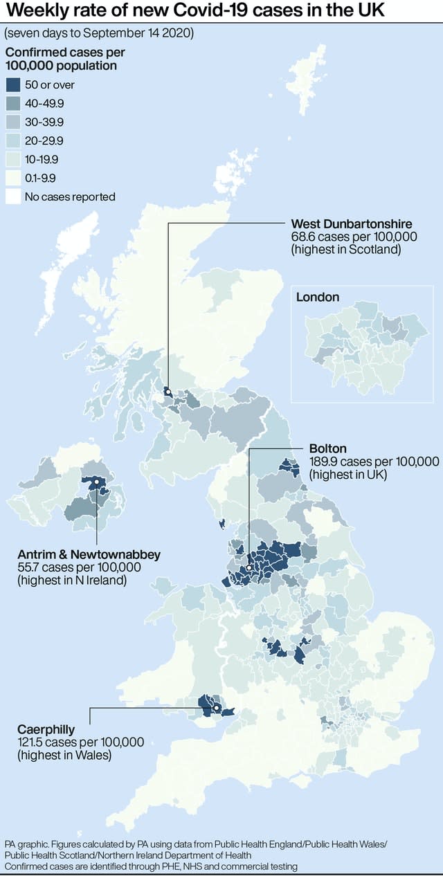 Weekly rate of new Covid-19 cases in the UK